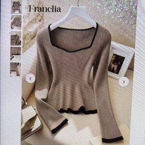 SHEIN Taupe Long Sleeve Blouse with Black Accents
